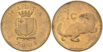 Мальта 1 цент 2001 ласка, горностай KM 93 никель латунь 4585-1248