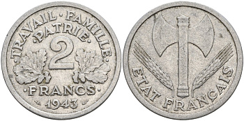 Франция 2 франка 1943 Правительство Виши KM 904.1 алюминий 4144-335