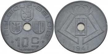 БЕЛЬГИЯ 10 САНТИМОВ 1941 BELGIQUE-BELGIE, ГЕРМАНСКАЯ ОККУПАЦИЯ, ВТОРАЯ МИРОВАЯ ВОЙНА KM 125 цинк 4448-442