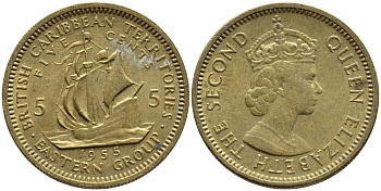 Британские Восточно-Карибские территории 5 центов 1955 Елизавета II (1952-2022), парусник KM 4 никель латунь 89-1547