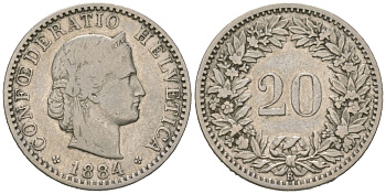 Швейцария 20 раппенов 1884 B KM 29 никель 117-626