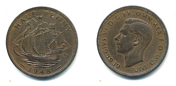 Великобритания 1/2 пенни 1948 Георг VI (1936-1952) KM 844, Spink 4115 бронза 59-726