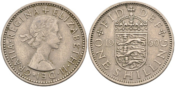 Великобритания 1 шиллинг 1960 Елизавета II (1952-2022), Английский герб KM 904, Spink 4147 медно-никель 4586-942