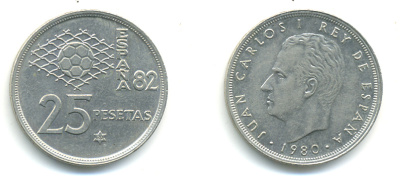Испания 25 песет 1980 (80) чемпионат мира по футболу KM 818 медно-никель 89-1423