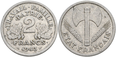 Франция 2 франка 1943 Правительство Виши KM 904.1 алюминий 4144-335