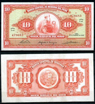 Перу 10 солей 1965 сидящая свобода, American Bank Note Company Pick 88  бумага  аUNC  444-118-2-2