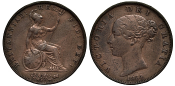 Великобритания 1 пенни 1854 Виктория (1837-1901) KM 739, Spink 3948 медь 1523-1245