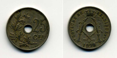 БЕЛЬГИЯ 25 САНТИМОВ 1926 BELGIQUE KM 68.1 медно-никель 37-1217