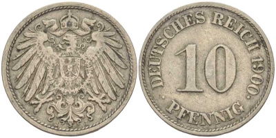Германия 10 пфеннигов 1900 J KM 12, J. 13 медно-никель 4401-1126