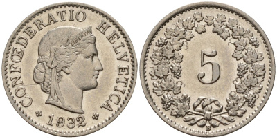 Швейцария 5 раппенов 1932 B KM 26 медно-никель 4189-323