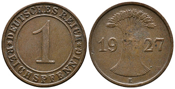 ГЕРМАНИЯ 1 РЕЙХСПФЕННИГ 1927 E KM 37, J. 313 бронза 39-949