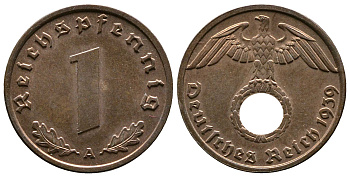 Германия 1 рейхспфенниг 1939 A KM 89, J. 361 бронза    220-357