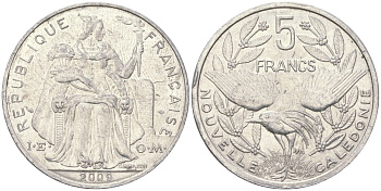 Французская Новая Каледония 5 франков 2009 птица кагу, (IEOM) KM 16, Schoen 12, Lec 81k алюминий 221-846