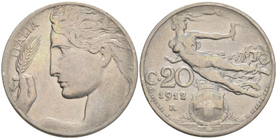 Италия 20 чентезимо 1912 R, Виктор Эммануил III (1900-1946) KM 44 никель 4561-826