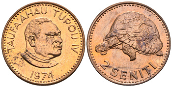 Тонга 2 сенити 1974 король Тауфа’ахау Тупоу IV (1967-2006), черепаха KM 28 бронза  UNC  220-1158