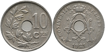 БЕЛЬГИЯ 10 САНТИМОВ 1921 BELGIE KM 86 медно-никель 4364-2142