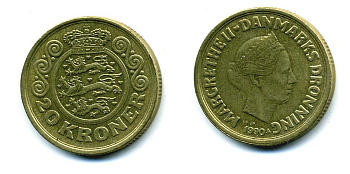 ДАНИЯ 20 КРОН 1990 LG; JP; A, МАРГРЕТЕ II (1972-) KM 871 алюминиевая бронза 25-841