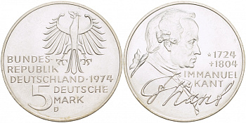 ФРГ 5 марок 1974 D, 250 лет со дня рождения Иммануила Канта KM 139 серебро UNC 3457-332