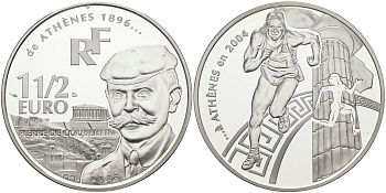 Франция 1 1/2 евро 2003 Пьер де Кубертен, Олимпийские игры 2004 года в Афинах, бег KM 1361 серебро PROOF 1074-9-23