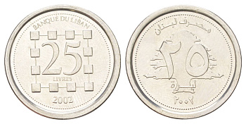 Ливан 25 ливров 2002 KM 40 сталь плакированная никелем UNC 4617-933