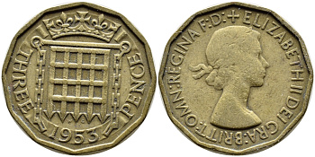 Великобритания 3 пенса 1953 Елизавета II (1952-2022) KM 886, Spink 4152 никель латунь 4390-213