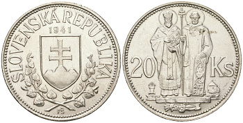 Словакия 20 крон 1941 Святые Кирилл и Мефодий KM 7 серебро aUNC 4111-1115