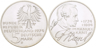 ФРГ 5 марок 1974 D, 250 лет со дня рождения Иммануила Канта KM 139 серебро UNC 3457-332