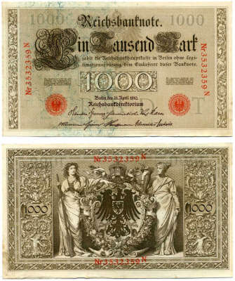 Германия 1000 Марок 1910 21 апреля 1910, Буква T, номер семизначный, серия N, Выпуск (09.1922) Pick 44b, Розенберг 45с бумага 8618-24-1-1