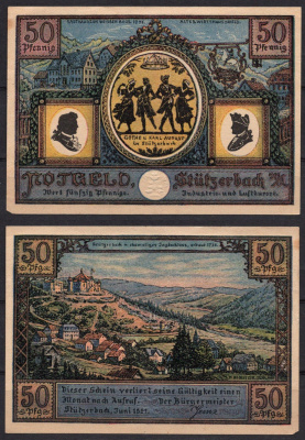 Германия, Штютцербах 50 пфеннигов 1921 Нотгельд, таверна и дома на заднем плане, четыре силуэта (Гете и герцог Карл Август Саксен-Веймар-Эйзенахский, танцующий с двумя женщинами) бумага 7556-35-4-2