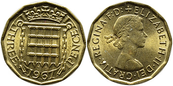 Великобритания 3 пенса 1967 Елизавета II (1952-2022) KM 900, Spink 4153 никель латунь UNC 4390-216