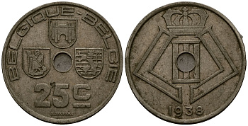 Бельгия 25 сантимов 1938 Belgique - Belgie KM 114 никель латунь 4583-626