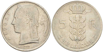 БЕЛЬГИЯ 5 ФРАНКОВ 1962 BELGIQUE, БОДУЭН I (1951-1993) KM 134.1 медно-никель 202-1235