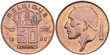 БЕЛЬГИЯ 50 САНТИМОВ 1980 BELGIQUE, БОДУЭН I (1951-1993) KM 148.1 бронза UNC 214-468