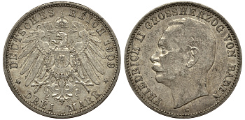Баден 3 марки 1909 Фридрих II (1907-1918) J. 39, KM 280 серебро 413-1234