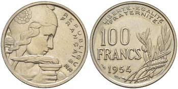 ФРАНЦИЯ 100 ФРАНКОВ 1954 KM 919.1, LE FRANC 450.2 медно-никель 4519-851
