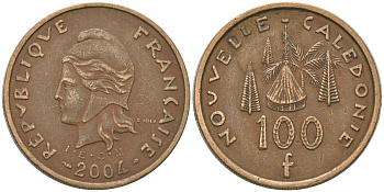 Французская Новая Каледония 100 франков 2004 хижина среди сосен и пальм, (IEOM) KM 15, Schoen 16, Lec 139h никель латунь 4149-413