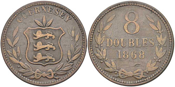 Гернси 8 даблов (дублей) 1868 KM 7 бронза 3996-523