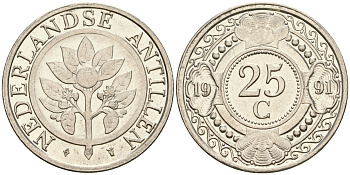 Нидерландские Антилы 25 центов 1991 Беатрикс (1980-2013) KM 35 сталь плакированная никелем 4364-1816