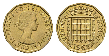 Великобритания 3 пенса 1962 Елизавета II (1952-2022) KM 900, Spink 4153 никель латунь UNC 4121-634