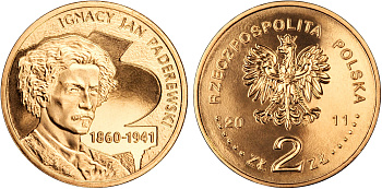 Польша 2 злотых 2011 MW, 70 лет со дня смерти Игнация Яна Падеревского (1860-1941) KM 789 нордик UNC 4676-825