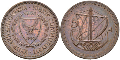 Кипр 5 милсов 1963 парусник KM 39 бронза 4566-1246
