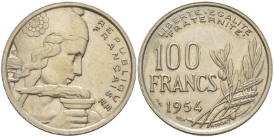 ФРАНЦИЯ 100 ФРАНКОВ 1954 KM 919.1, LE FRANC 450.2 медно-никель 4519-851