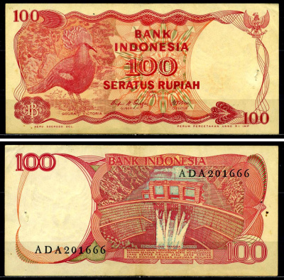 Индонезия 100 рупий 1984 плоская, офсетная печать Pick 122а бумага 6299-9-4-1