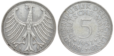 ФРГ 5 марок 1951 J (Гамбург), J. 387, KM 112.1 серебро 4178-836