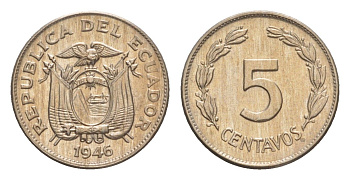Эквадор 5 сентаво 1946 KM 75b медно-никель aUNC 4640-1127