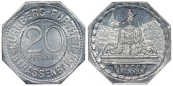 Германия, Нюрнберг - Фюрт 20 пфеннигов ND трамвайный жетон, фонтан Нептун алюминий UNC 4119-644