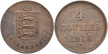 Гернси 4 дабла (дубля) 1918 Н, Георг V (1910-1936) KM 13 бронза 4582-1114