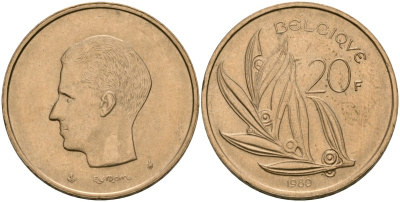 Бельгия 20 франков 1980 Belgique, Бодуэн I (1951-1993) KM 159 никель бронза 4135-1036