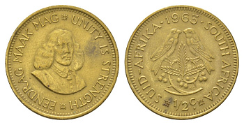 ЮАР 1/2 цента 1963 Ян Ван Рибек (1619-1677), голландский исследователь, мореплаватель, основатель Г. Кейптауна, две птички на ветке с ягодами KM 56 латунь 4626-823