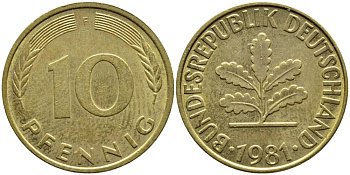 ФРГ 10 ПФЕННИГОВ 1981 F KM 108, J.383 сталь плакированная латунью 4388-147
